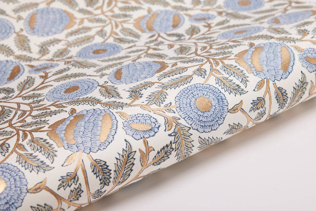 Hand Block Printed Gift Wrap Sheets-Marigold Glitz BlueStone