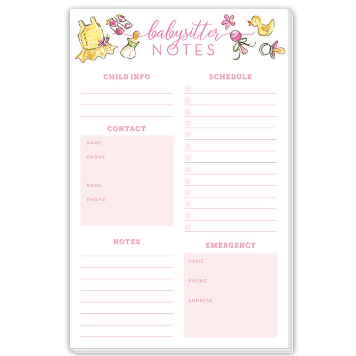 Babysitter Notes Pink Handpainted Baby Icons Large Notepad